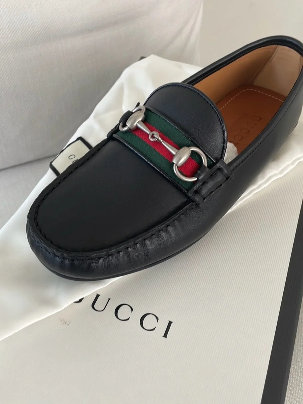Gucci Black Leather Loafers with Green-Red Web and Silver Horsebit